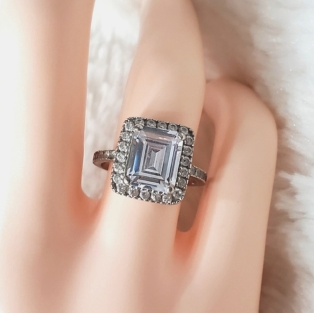 3 CT Emerald Cut AAA CZ Halo Ring - Picture 3 of 7